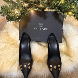 Versace Classic Black Heels w Medusa Medallions